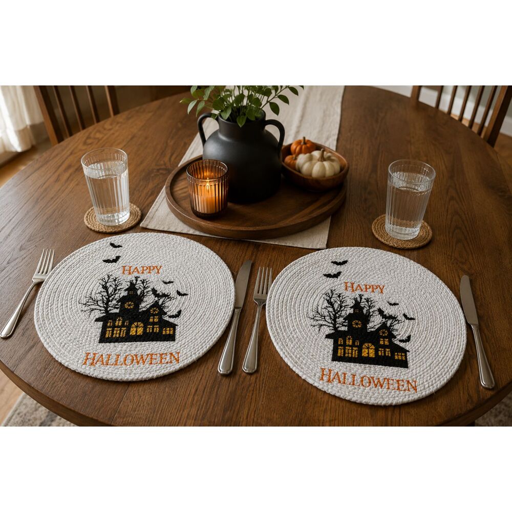 Martha Stewart Happy Halloween Haunted House Round Placemats Set of 2 15" NWT
